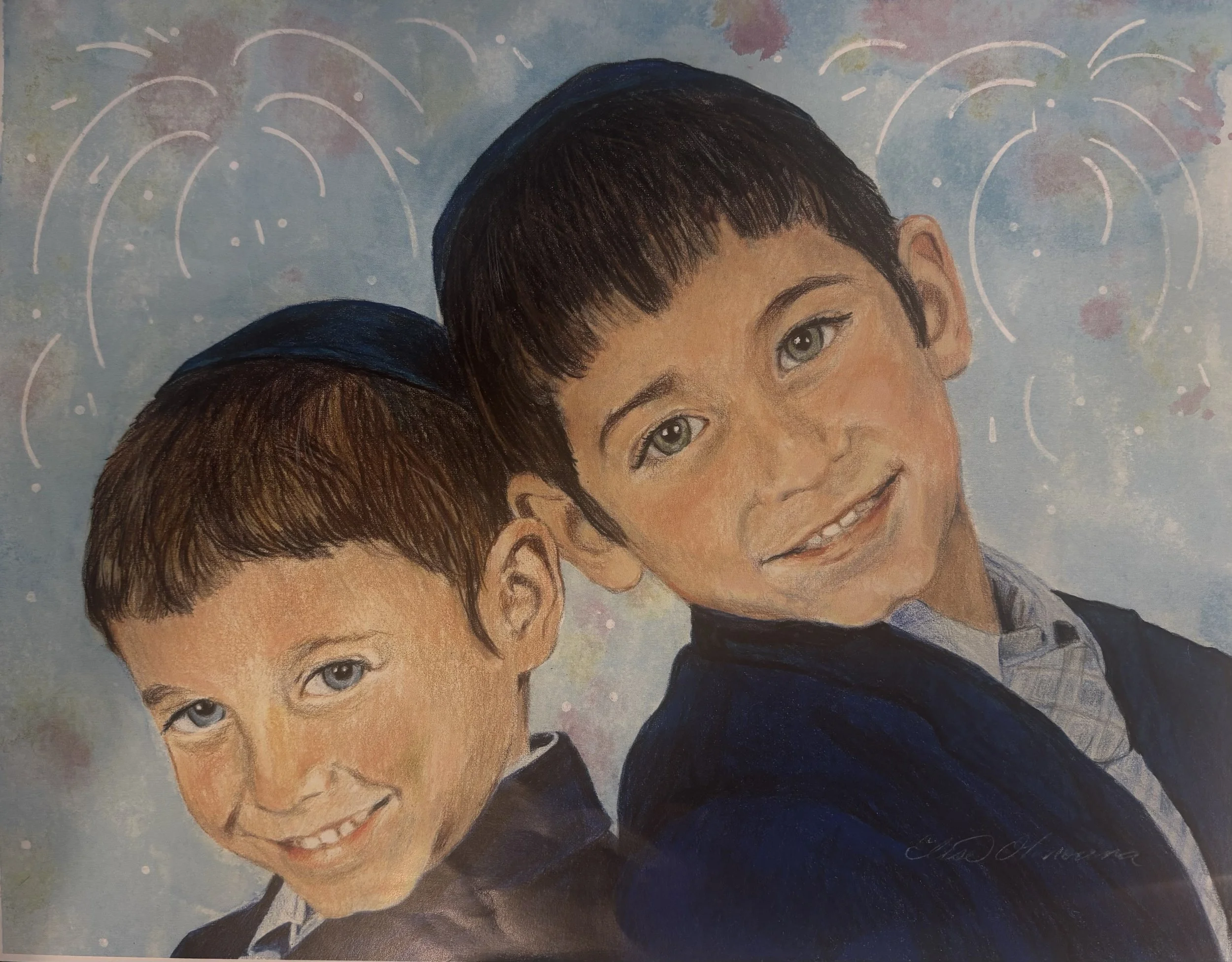 Painting of two young boys with light skin and brown hair, both smiling. One boy has shorter hair and glasses, and the other has slightly longer hair without glasses. The background is a cloudy sky with abstract white and pink patterns.