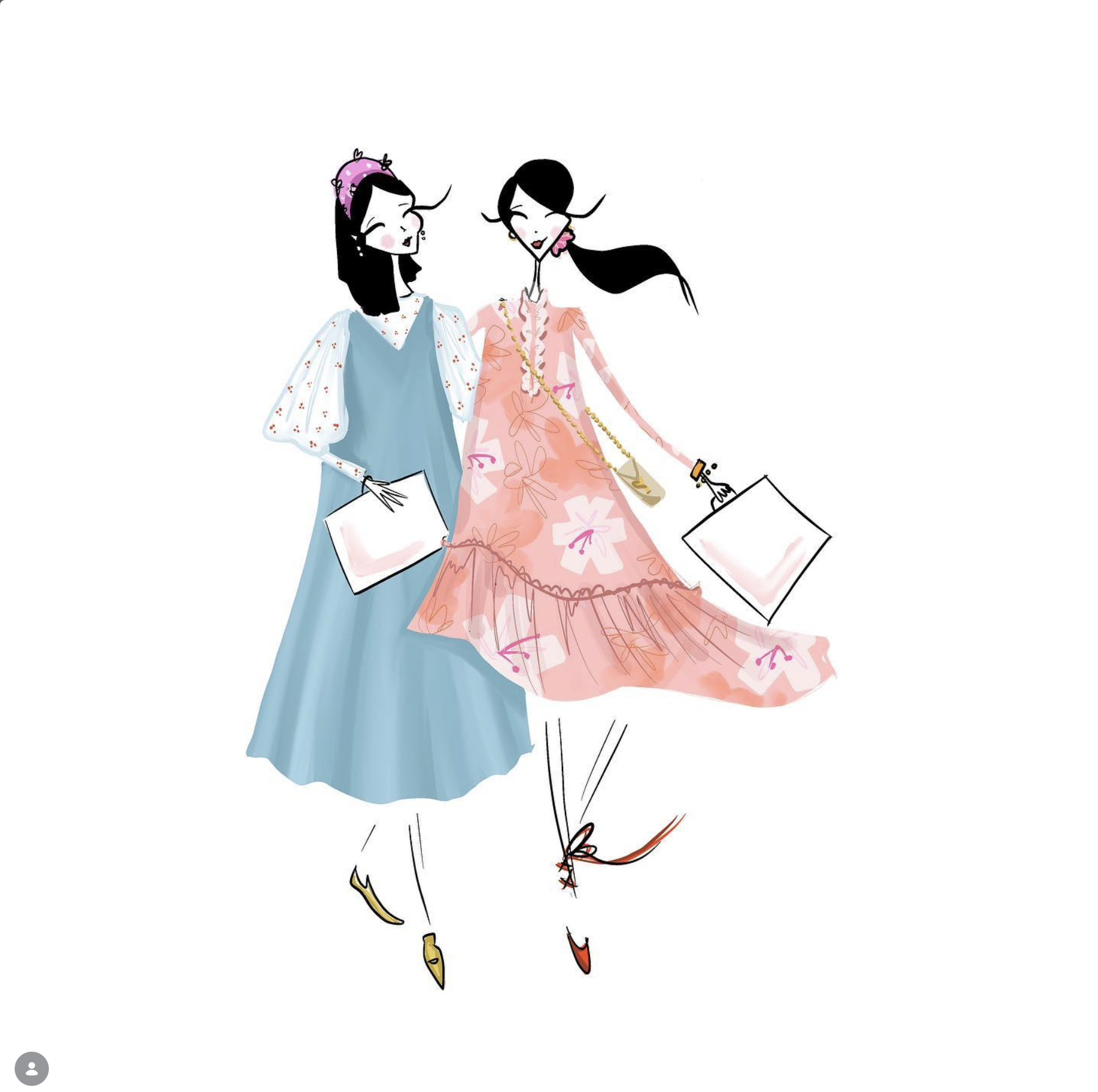 Two fashionable women in colorful dresses walking with shopping bags and a purse, smiling and enjoying their day.