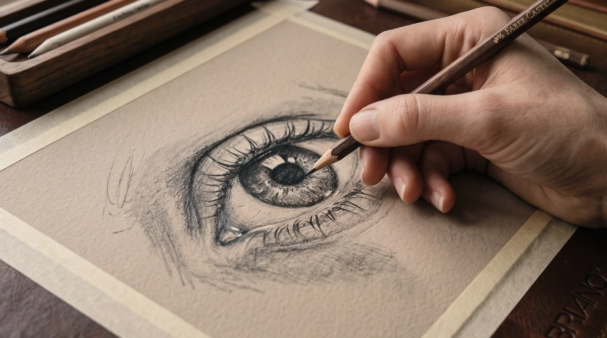 A person drawing a detailed sketch of an eye on textured paper with a pencil, with art supplies seen in the background.