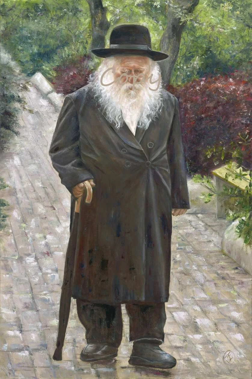 Painting of an elderly man with a long white beard, wearing a black coat, a black hat, and holding a cane, walking on a brick path surrounded by green and red foliage.