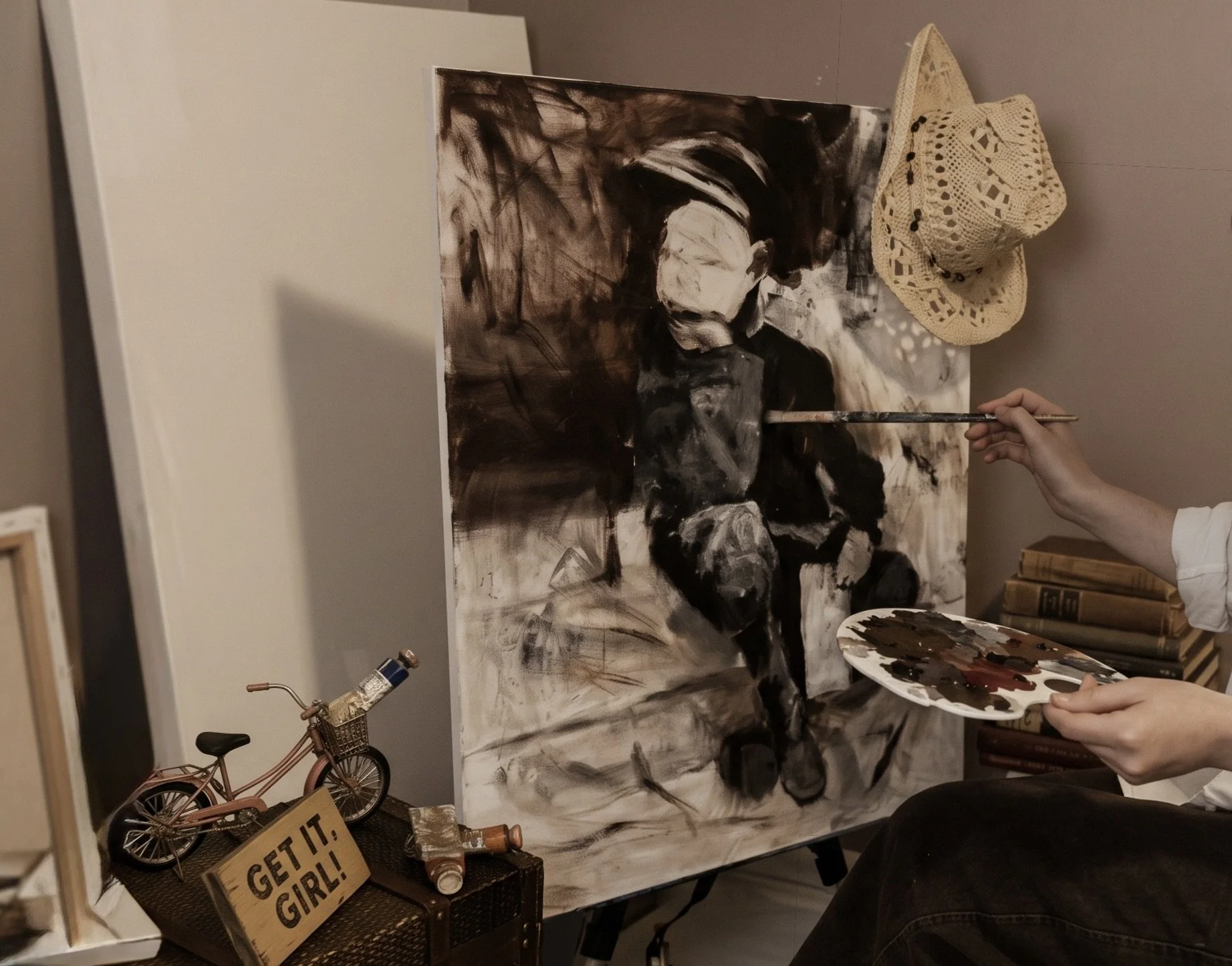 An artist working on a monochrome abstract painting of a woman, wearing a hat, at an art studio. There is a display of a small pink bicycle with a sign that says "Get It Girl!" and various art supplies.