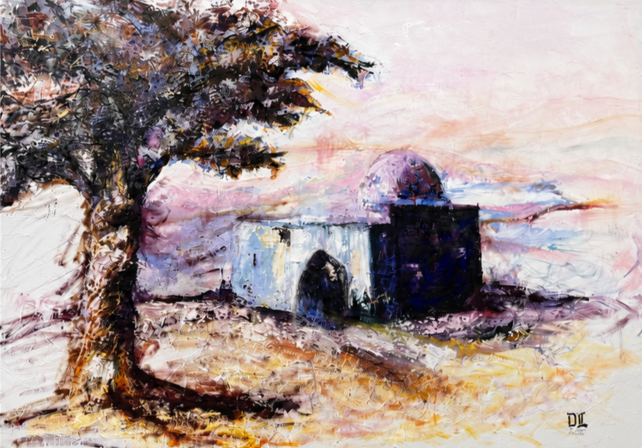 An abstract landscape painting featuring a large tree on the left with a dark canopy and textured trunk, a body of water in the middle reflecting the sky, and a small dark building with a rounded top on the right, under a pink and orange sunset sky.