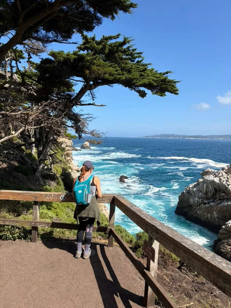A woman with a blue backpack leaning on a wooden railing, standing on a trail overlooking the ocean with waves crashing onto rocks, surrounded by trees and a clear blue sky.