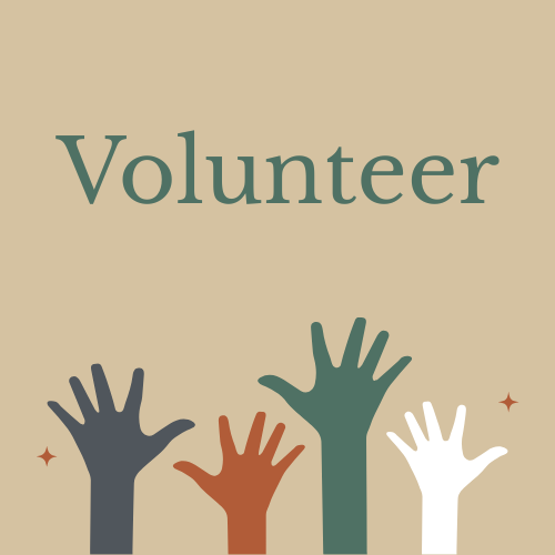 Illustration of four hands raised in the air beneath the word 'Volunteer'
