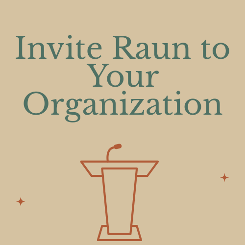 Invitation to Raun event with text and a podium illustration on a beige background.