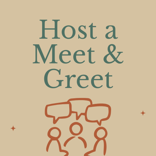 Graphic promoting hosting social events with the text 'Host a Meet & Greet' and an illustration of three people talking with speech bubbles.
