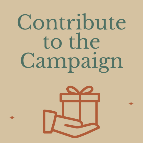 A graphic with the text "Contribute to the Campaign" and an illustration of a hand holding a gift box with a ribbon, encouraging donation or support.