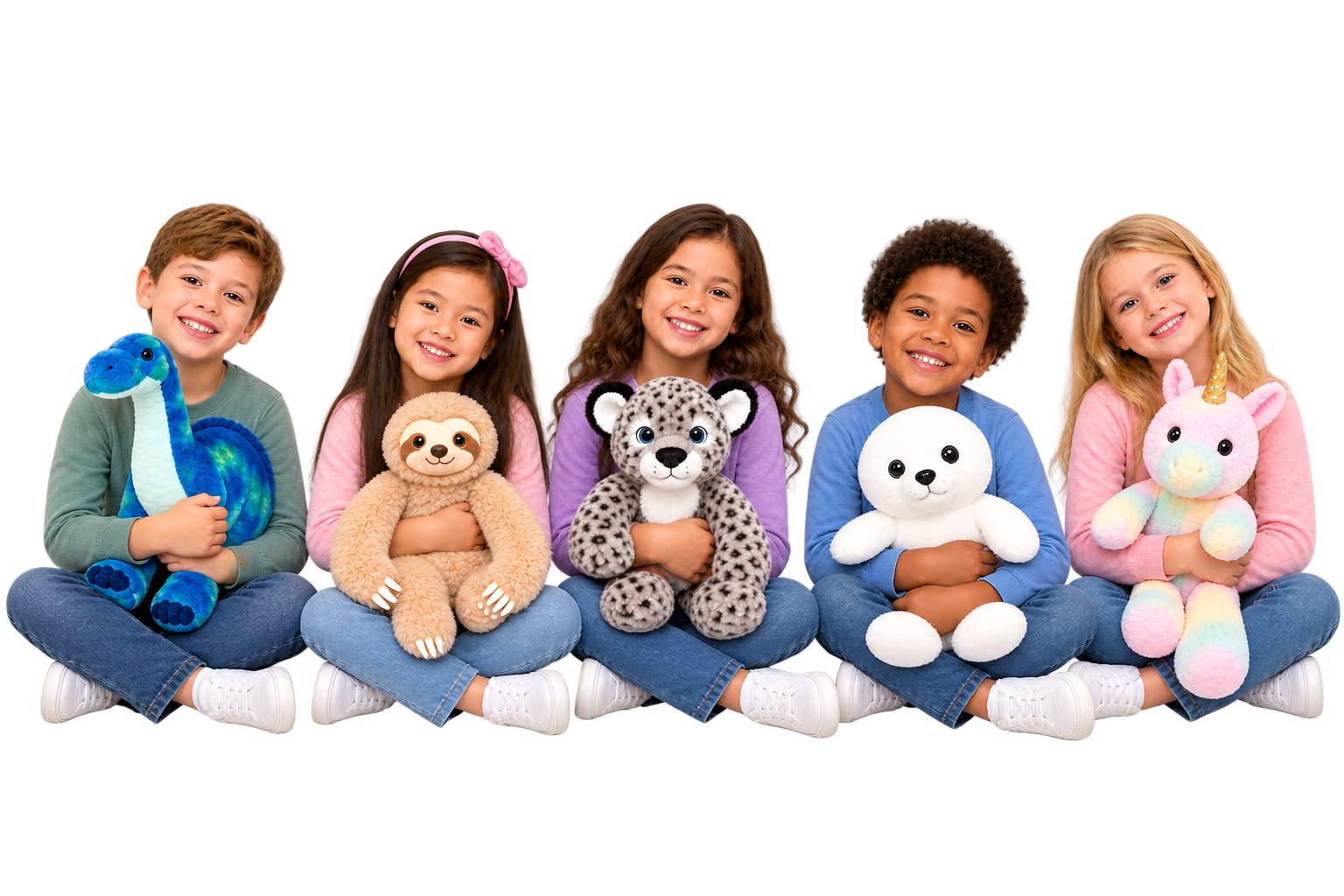Six children sitting cross-legged on the floor, each holding a plush toy animal, smiling at the camera.