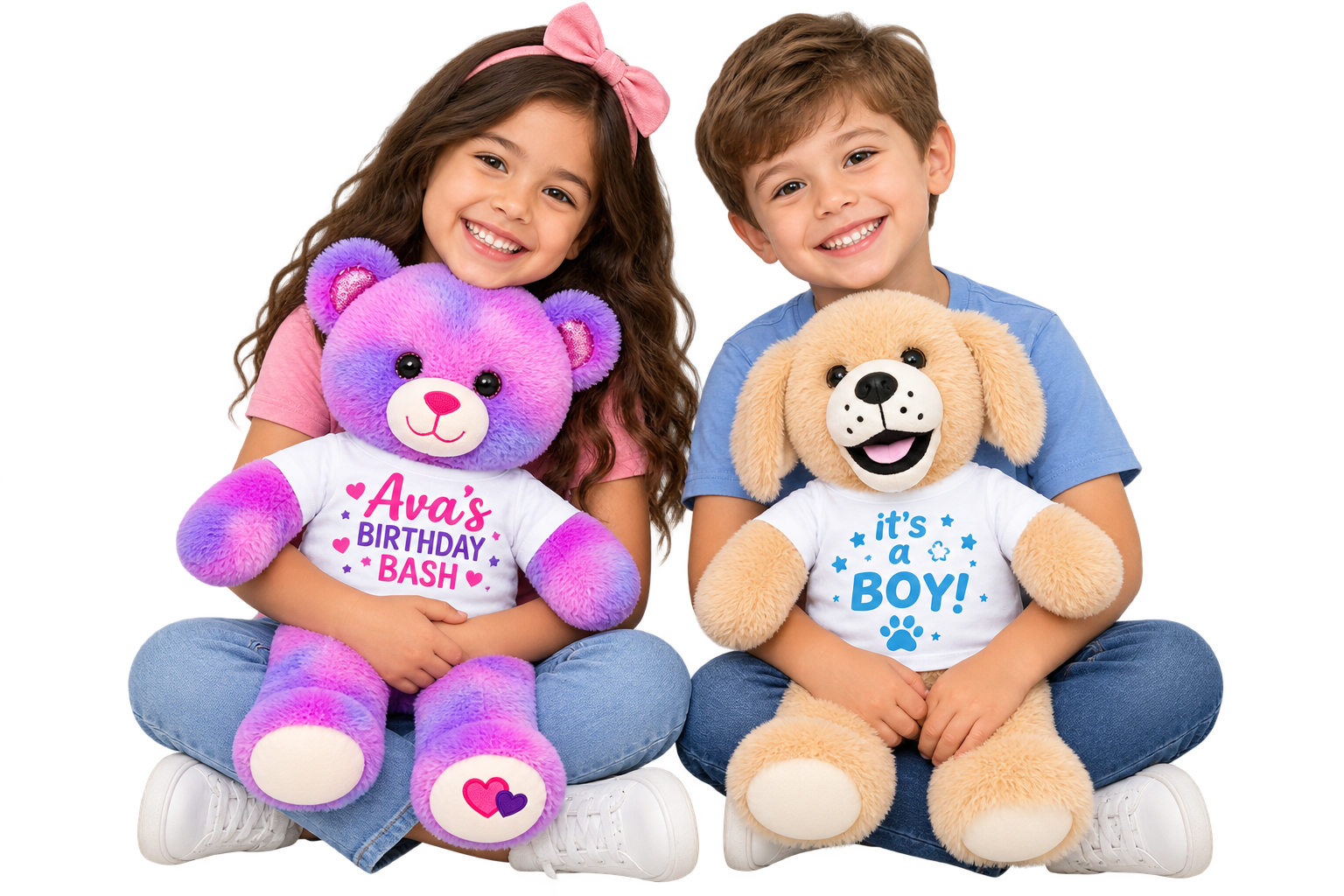 Two children, a girl and a boy, sitting close together and holding stuffed animals. The girl has long, curly brown hair and is wearing a pink shirt and blue jeans, holding a purple and pink teddy bear that says 'Ava's Birthday Bash.' The boy has short, brown hair, is wearing a blue shirt and blue jeans, and holds a beige teddy bear that says 'It's a Boy!'