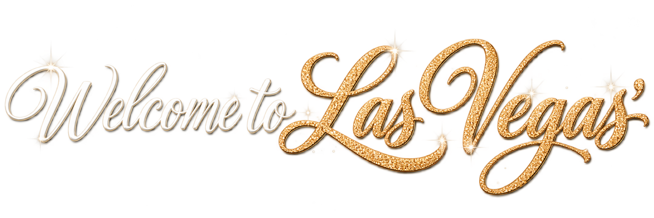 Decorative sign reading 'Welcome to Las Vegas' with glittery gold and silver lettering and starburst accents.