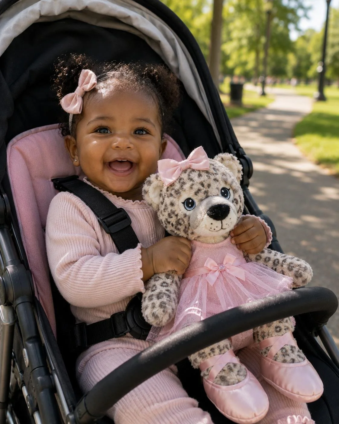 A young girl with curly hair and a pink outfit sitting in a stroller, holding a plush leopard toy dressed in a pink dress and ballet slippers, smiling brightly.