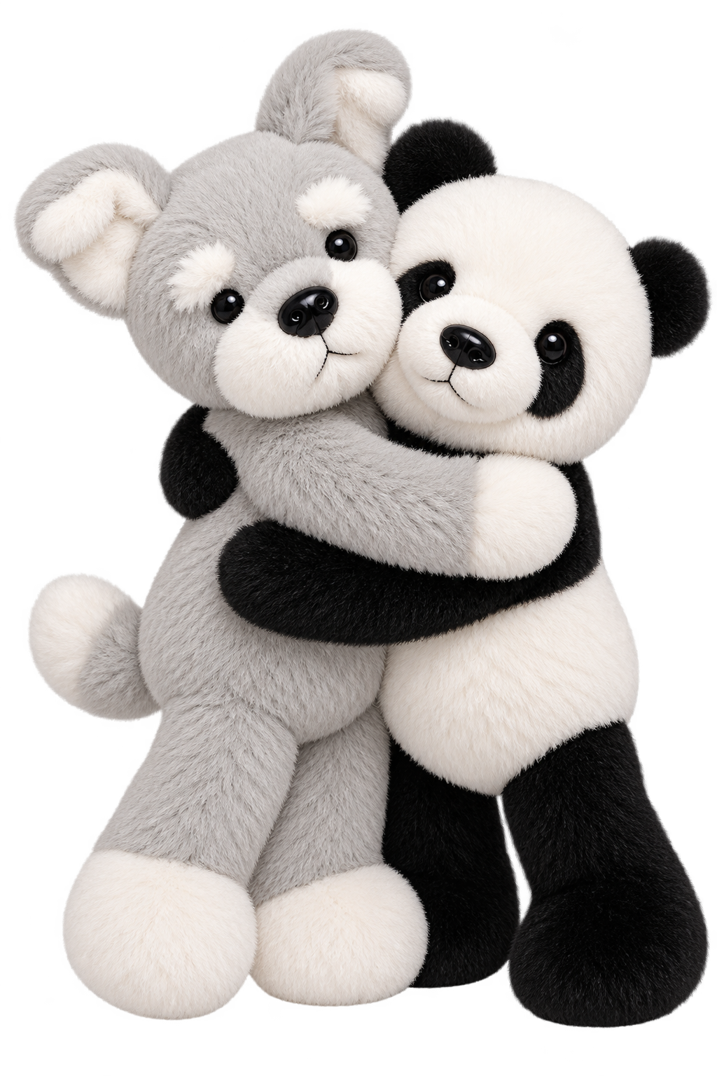 Two plush stuffed animals, a gray puppy and a panda bear, hugging each other.