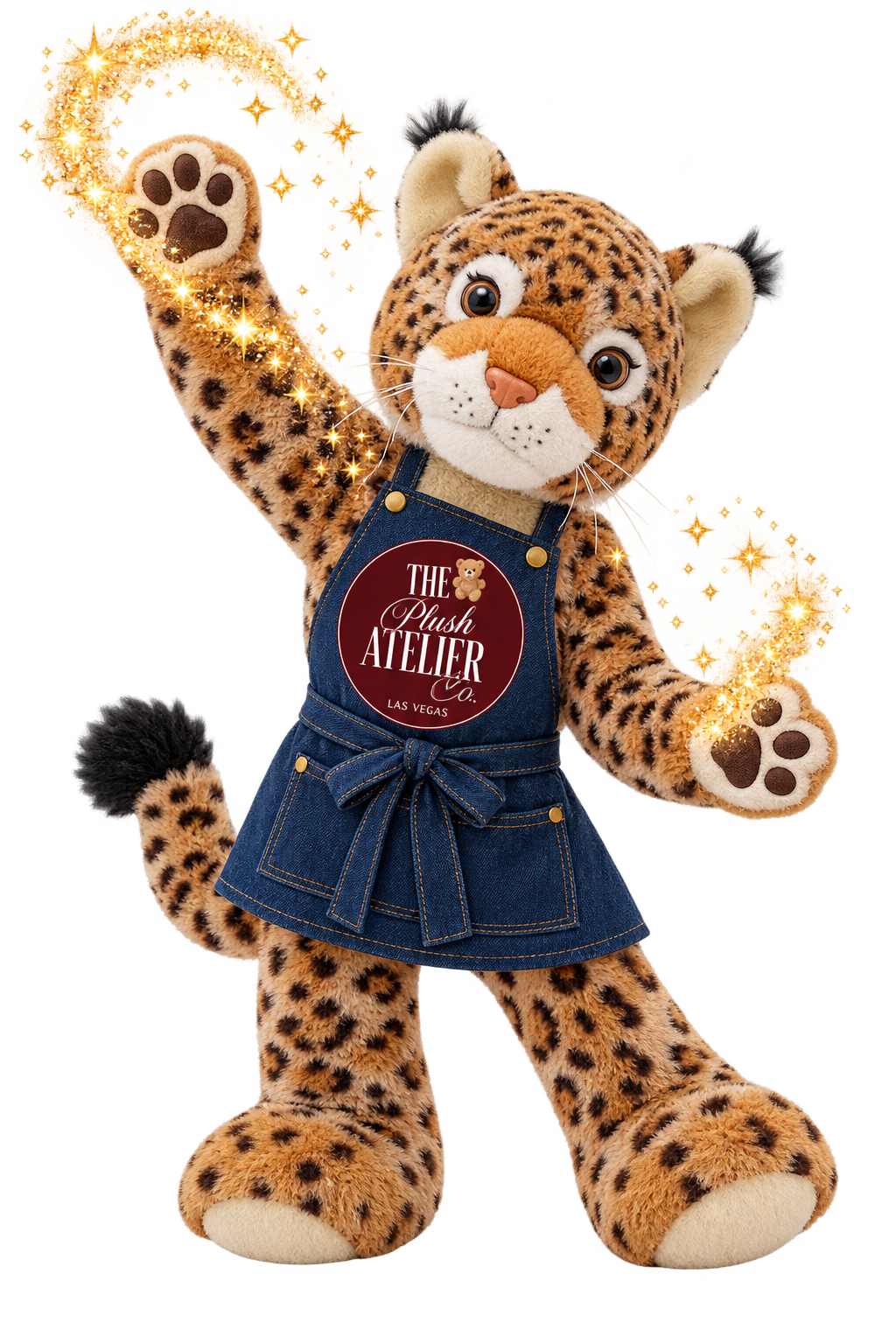 Plush leopard character wearing a denim apron with a red circular label, with golden sparkles emanating from its paws.