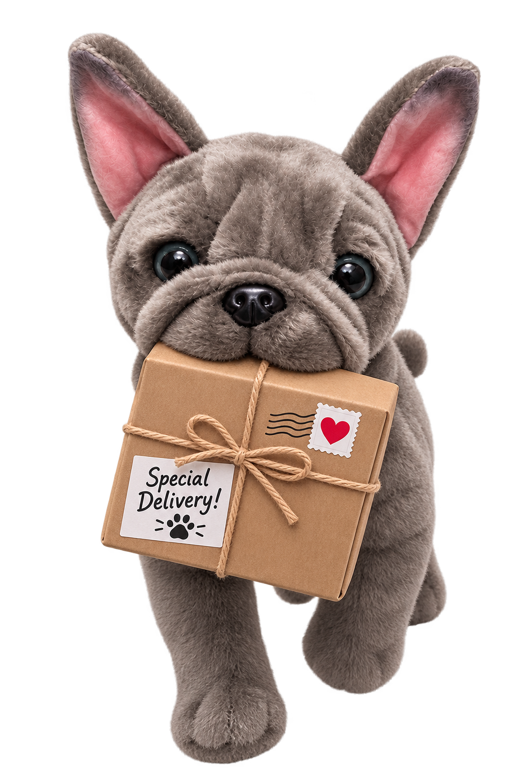 A plush gray French Bulldog puppy holding a small cardboard box with a 'Special Delivery!' label and a heart sticker, appearing to deliver a package.
