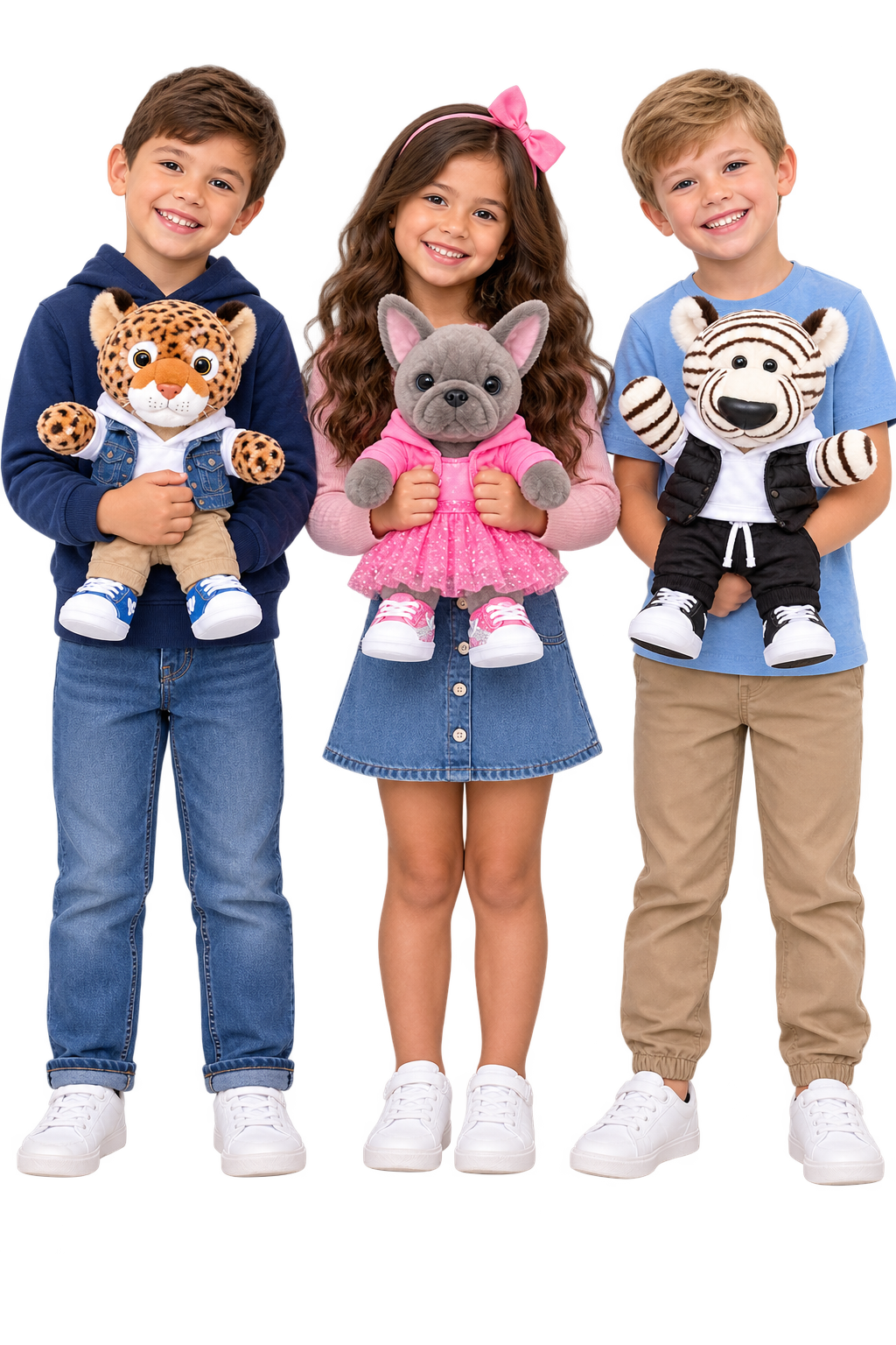 Three children standing side by side, each holding a stuffed animal and smiling. The boy on the left has a leopard stuffed animal, the girl in the middle has a dog stuffed animal, and the boy on the right has a zebra stuffed animal.