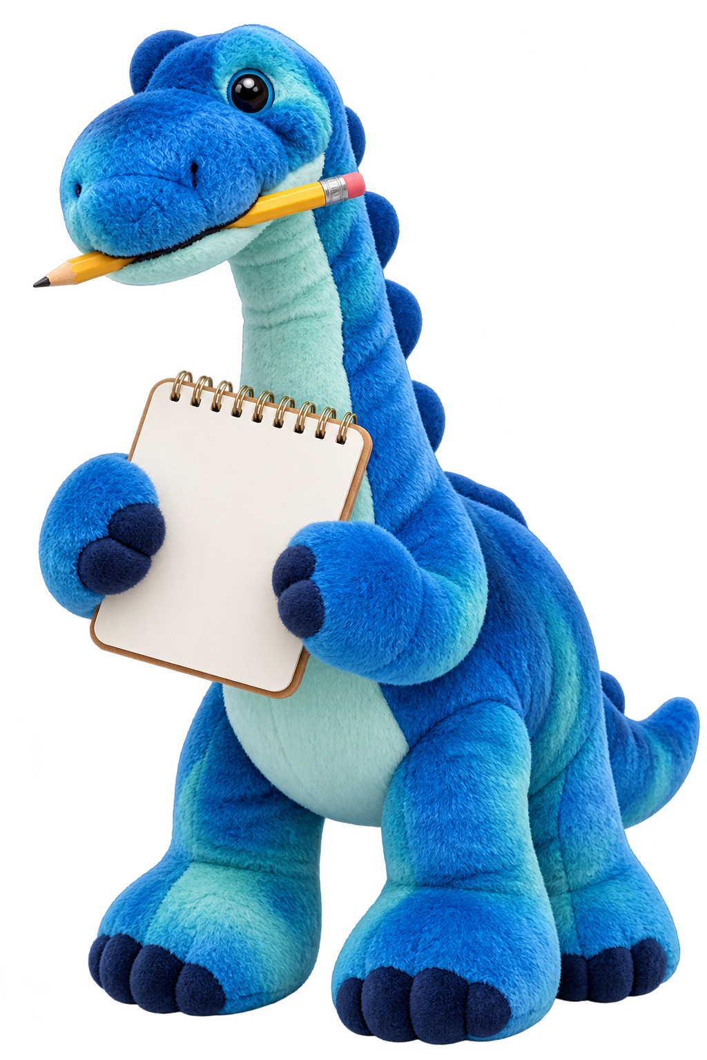 A blue and light blue plush dinosaur mascot holding a small blank notepad and a yellow pencil in its mouth, standing upright.