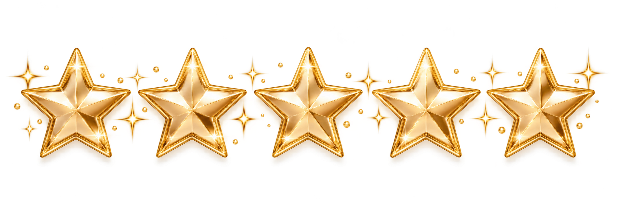 Seven gold star-shaped balloons with shiny surfaces and reflective highlights, arranged in a row on a yellow background.
