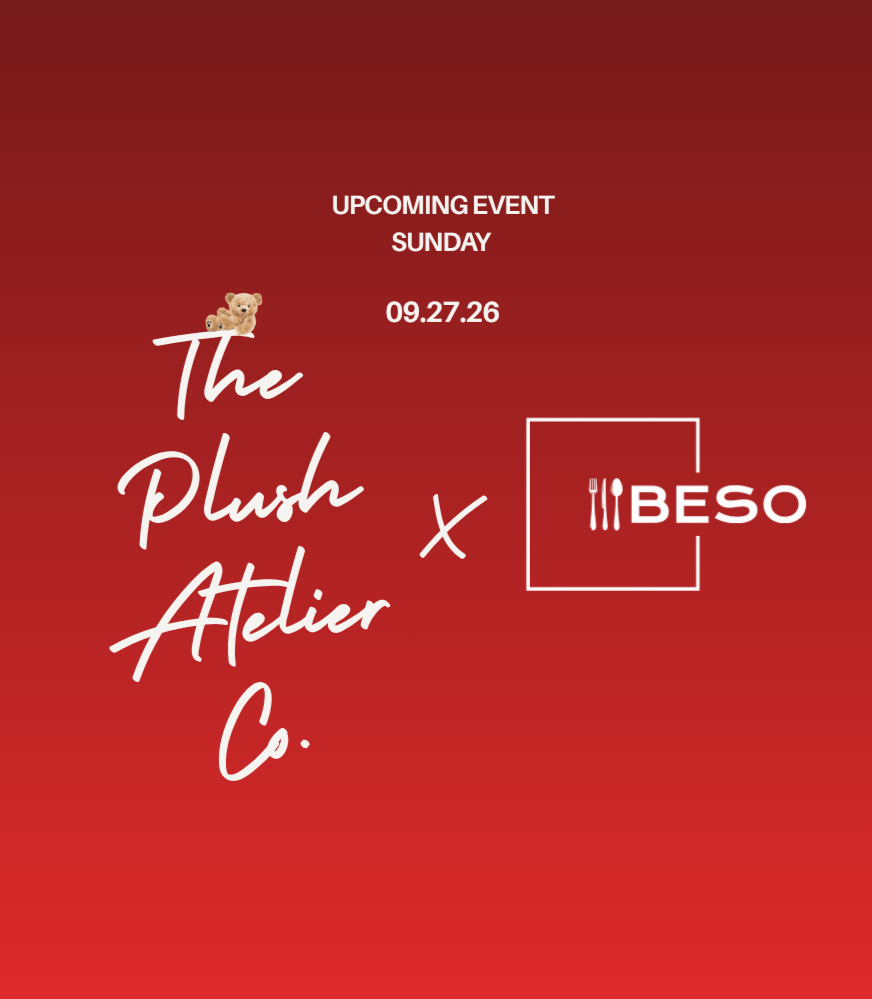 Red gradient background with white text announcing an upcoming event on Sunday, September 27, 2026, called 'The Plush Atelier Co.' in collaboration with BESQ, with a small teddy bear sticker on the top left of the word 'The'.