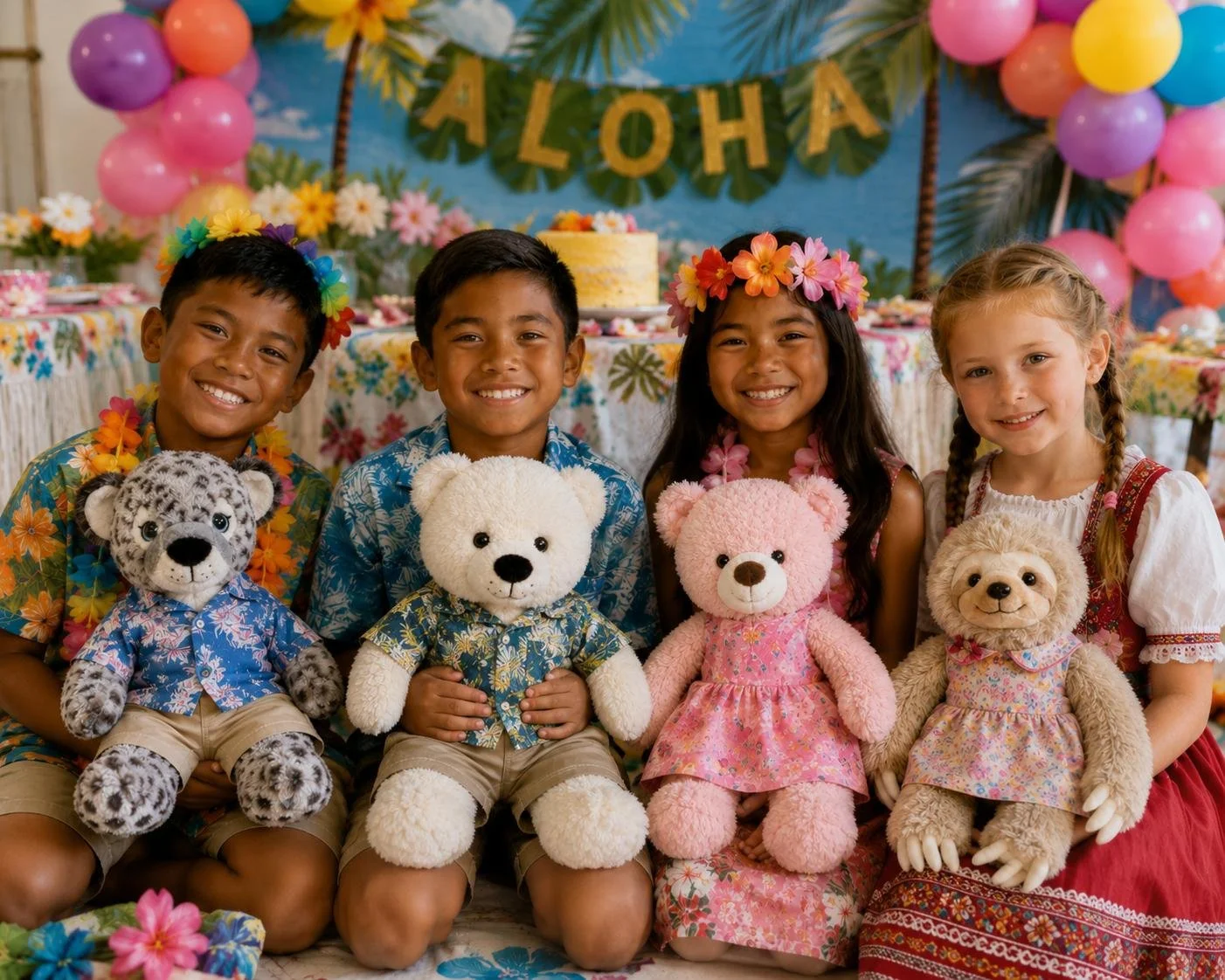 Group of four children dressed in tropical-themed clothing, holding teddy bears, at a Hawaiian-themed party with colorful balloons, flowers, and a backdrop that says 'Aloha'.