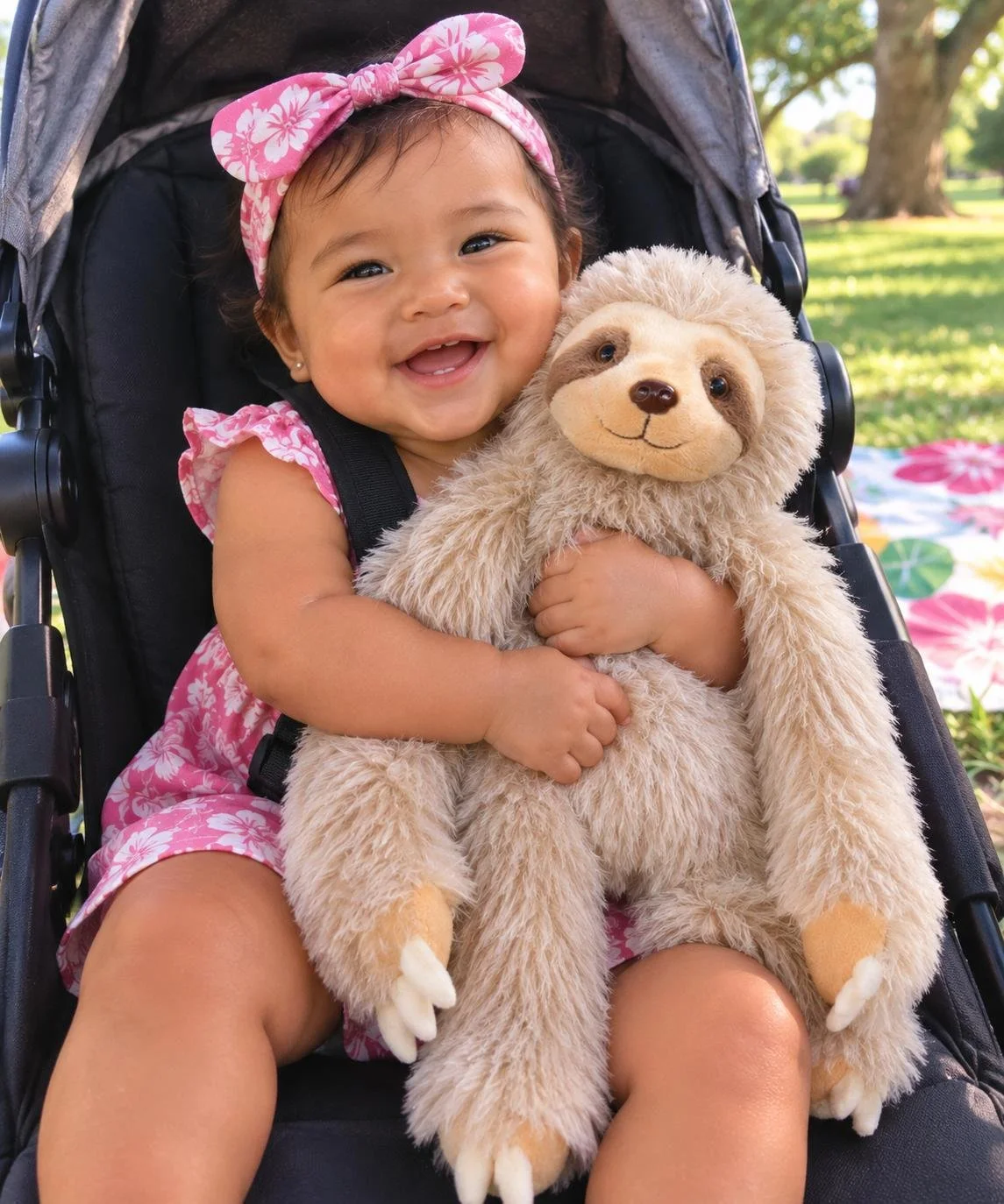 A young girl sitting in a stroller, smiling, holding a plush sloth toy, outdoors in a park with trees and green grass in the background.