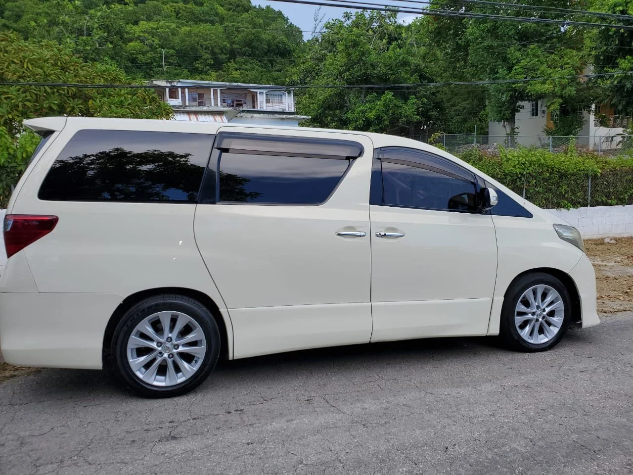 A white minivan parked on a residential street with trees and houses in the background.
