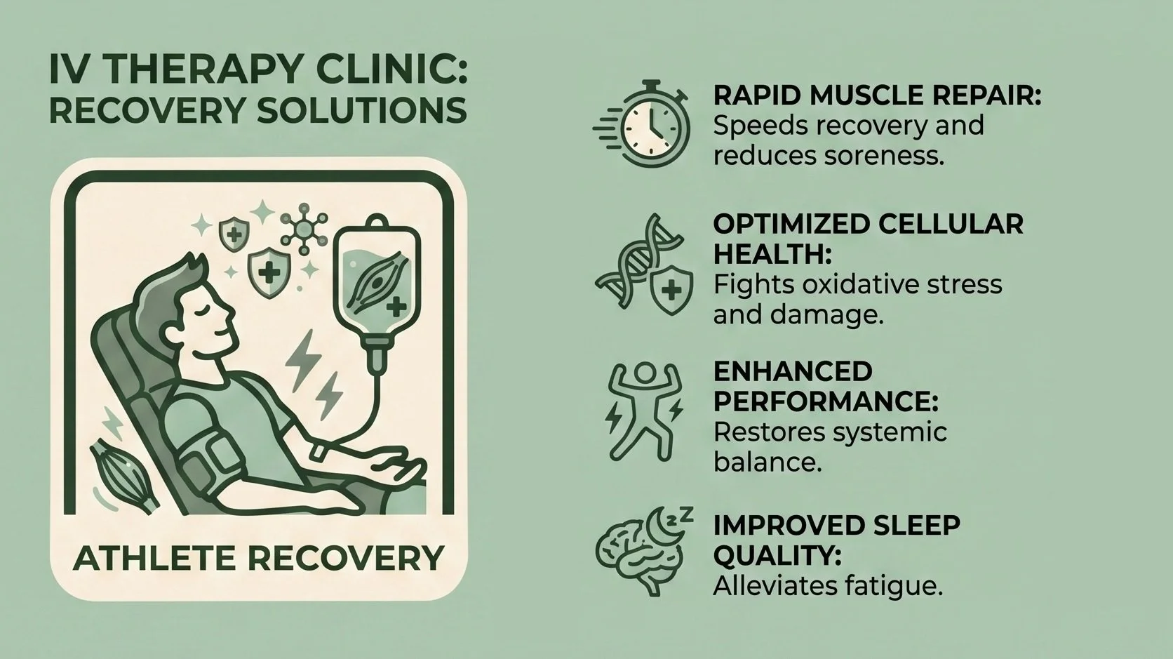 Infographic for IV therapy clinic showing a person receiving IV treatment with shields and lightning symbols, with text listing benefits: rapid muscle repair, optimized cellular health, enhanced performance, and improved sleep quality.