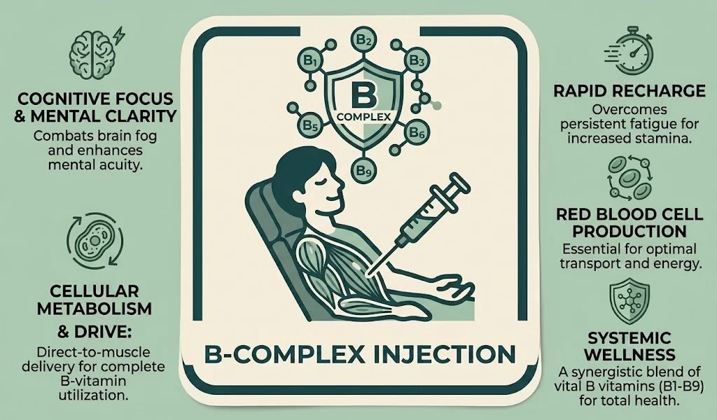 Illustration of a person receiving a B-complex injection with informational points about the benefits of B-complex vitamins, including cognitive focus, rapid recharge, red blood cell production, cellular metabolism, and systemic wellness.