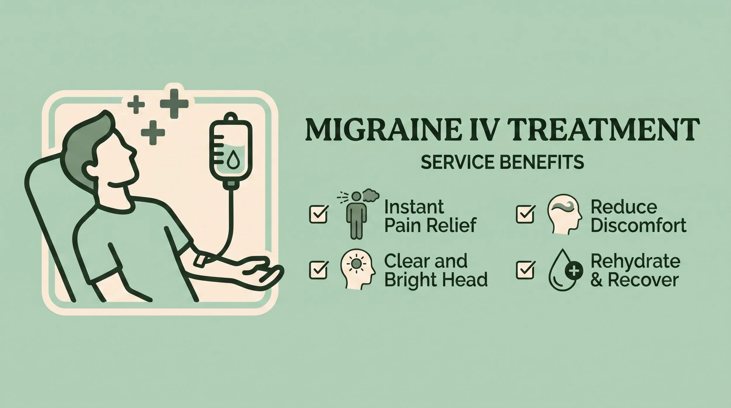 Graphic promoting migraine IV treatment benefits, showing a person receiving IV therapy, with icons and text highlighting instant pain relief, clear and bright head, reduce discomfort, stay hydrated, and recover.