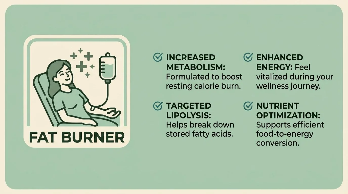 Illustration of a woman in a hospital bed connected to an IV drip, with sparkles around her head, representing a fat burner supplement for increased metabolism, enhanced energy, targeted lipolysis, and nutrient optimization.