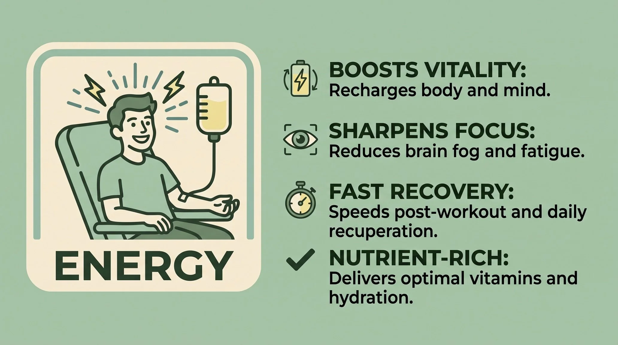 An illustration of a person lying in a hospital bed connected to an IV drip, with lightning bolt symbols above their head, indicating energy. The text explains the benefits of energy drinks, including boosting vitality, sharpening focus, fast recovery, and nutrient-rich content.