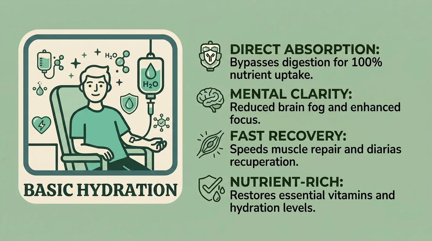 An illustration of a person receiving hydration therapy with IV fluids, surrounded by water and health icons. The text explains the benefits of basic hydration, including direct absorption, mental clarity, fast recovery, and nutrient richness.