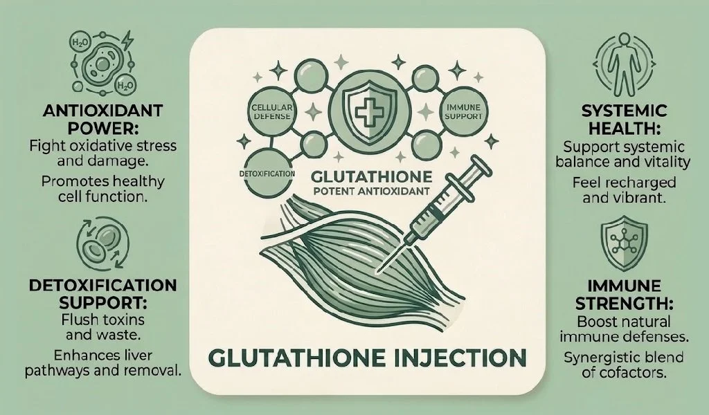 Infographic about glutathione injection benefits, including antioxidant power, detoxification support, systemic health, and immune strength, with related icons and text.