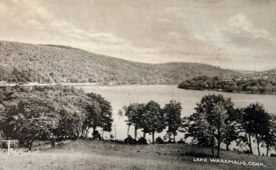 A black and white photo of Lake Waramaug in Connecticut, with trees in the foreground and hills in the background.