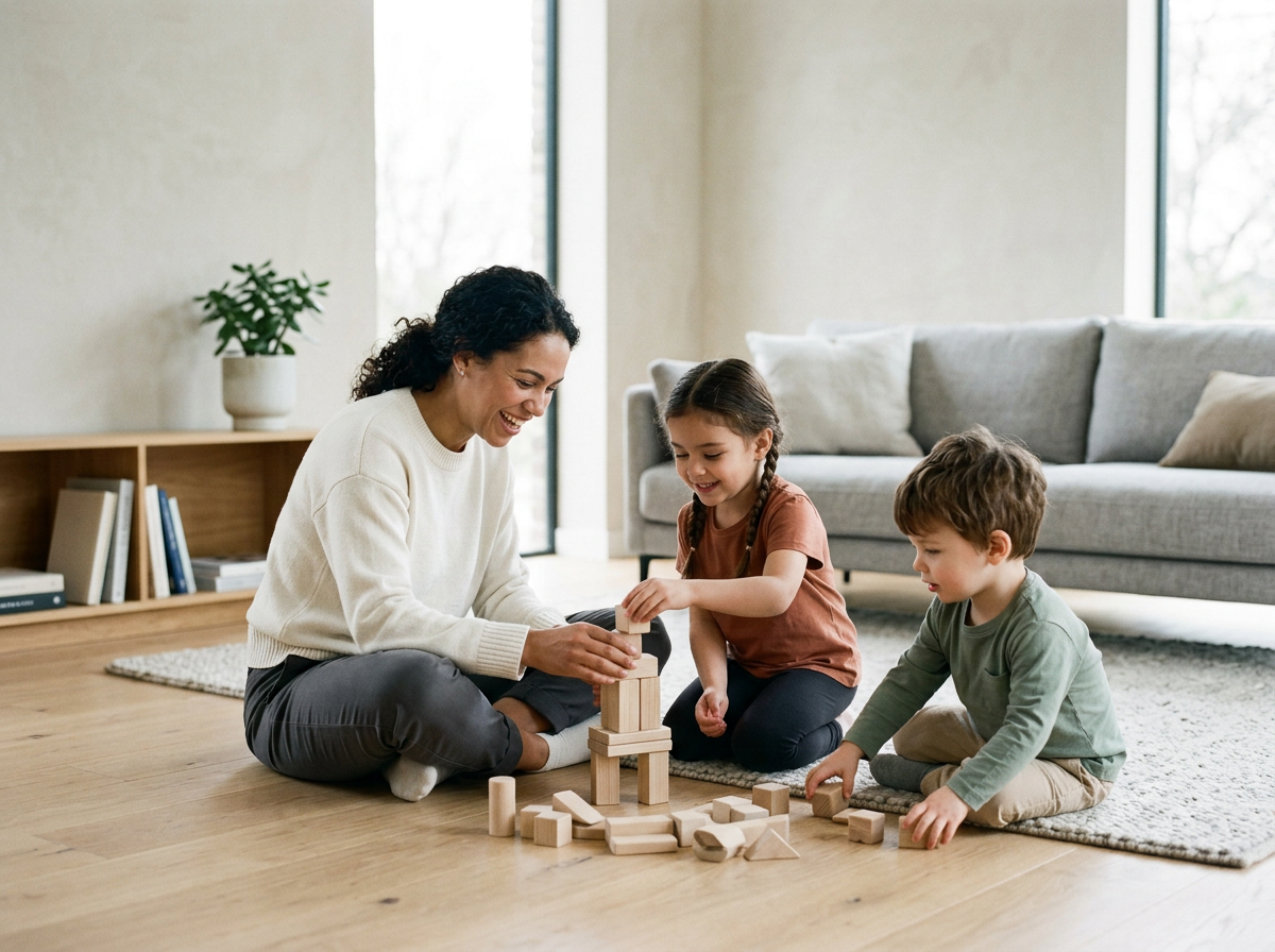 A woman and two children playing with wooden blocks on a rug in a living room.