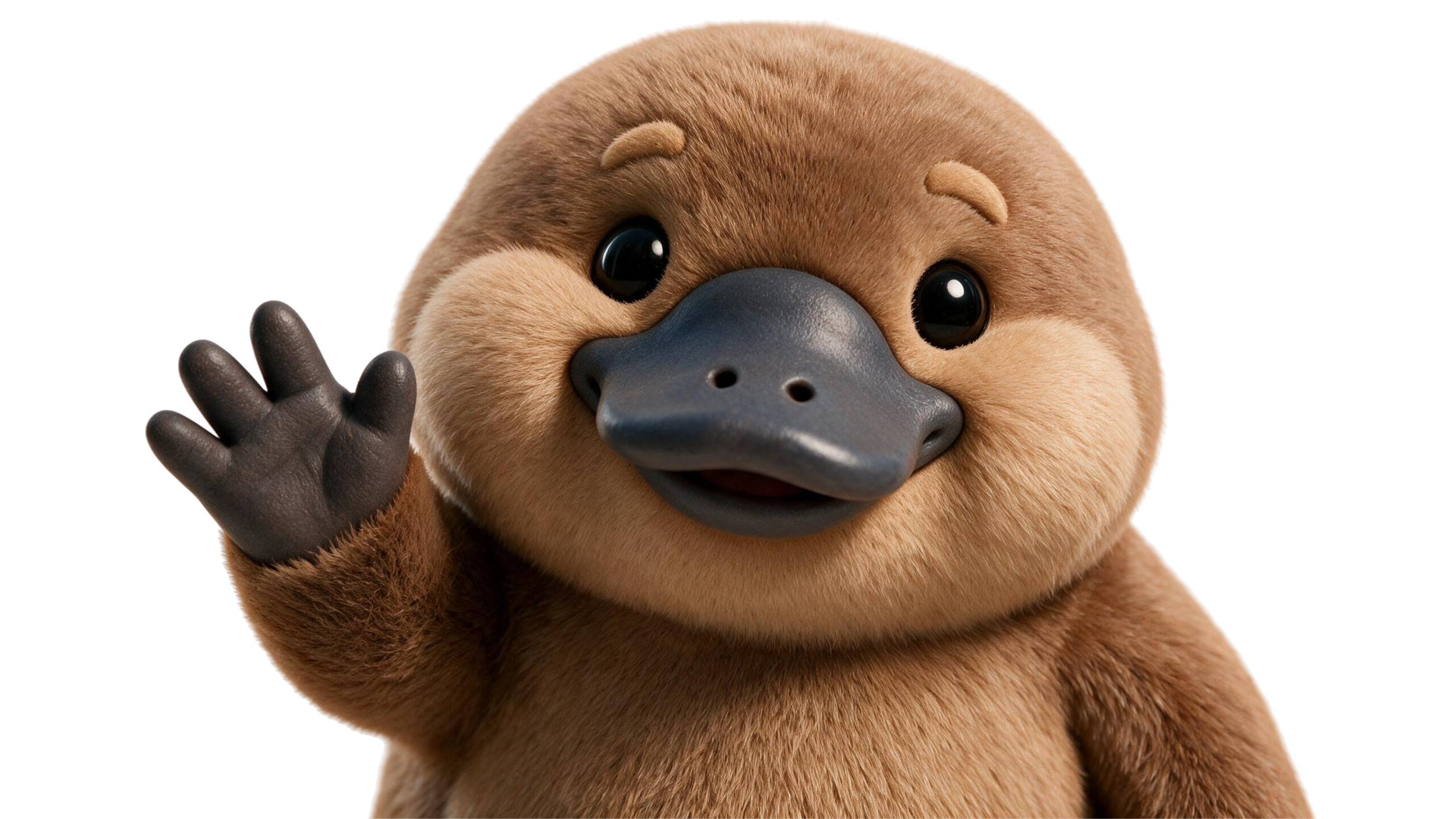 Animated character of a brown, furry animal with a large beak, waving hello with a black-gloved hand, set against a black background.