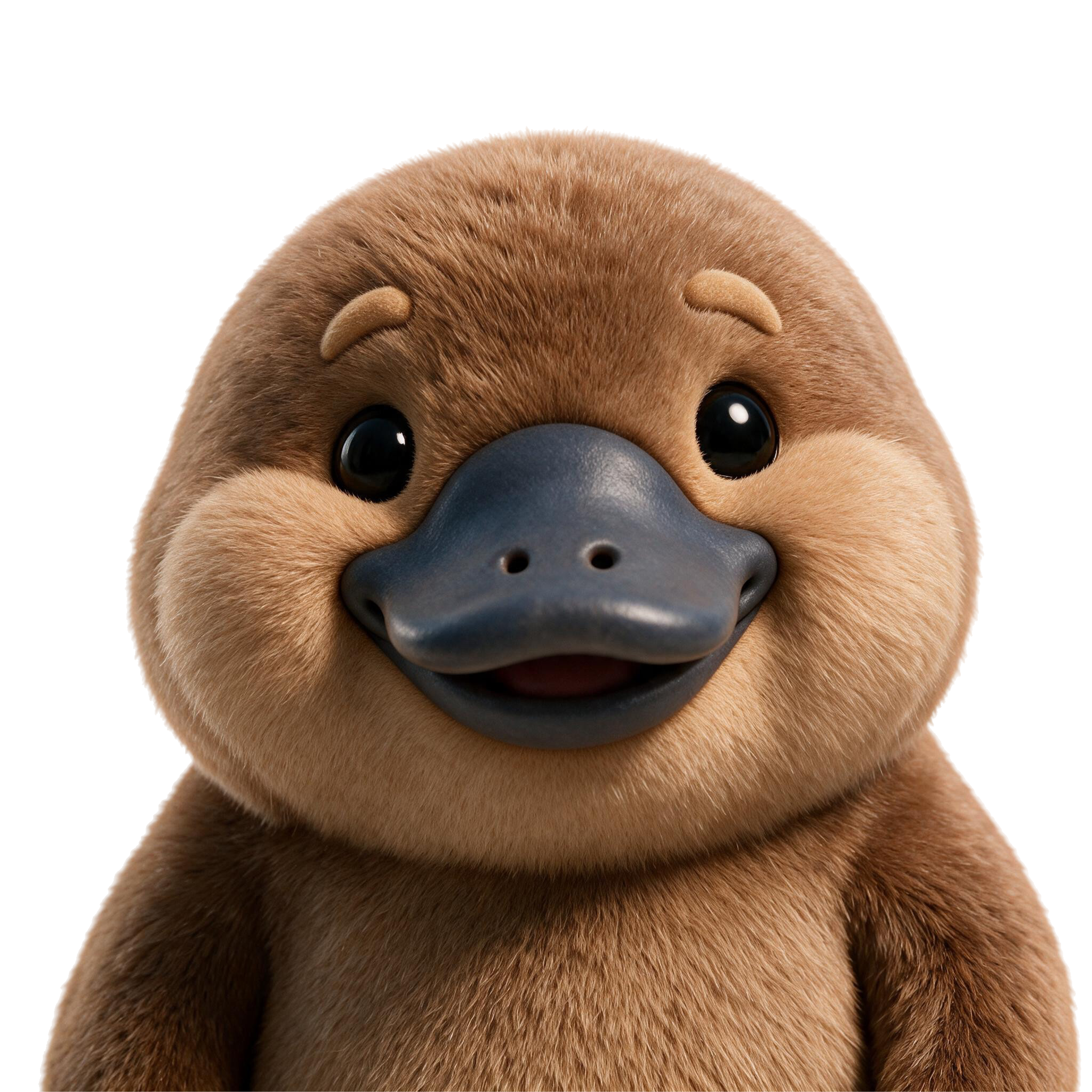 Close-up of a realistic teddy bear's face with black eyes, a black nose, and brown fur.