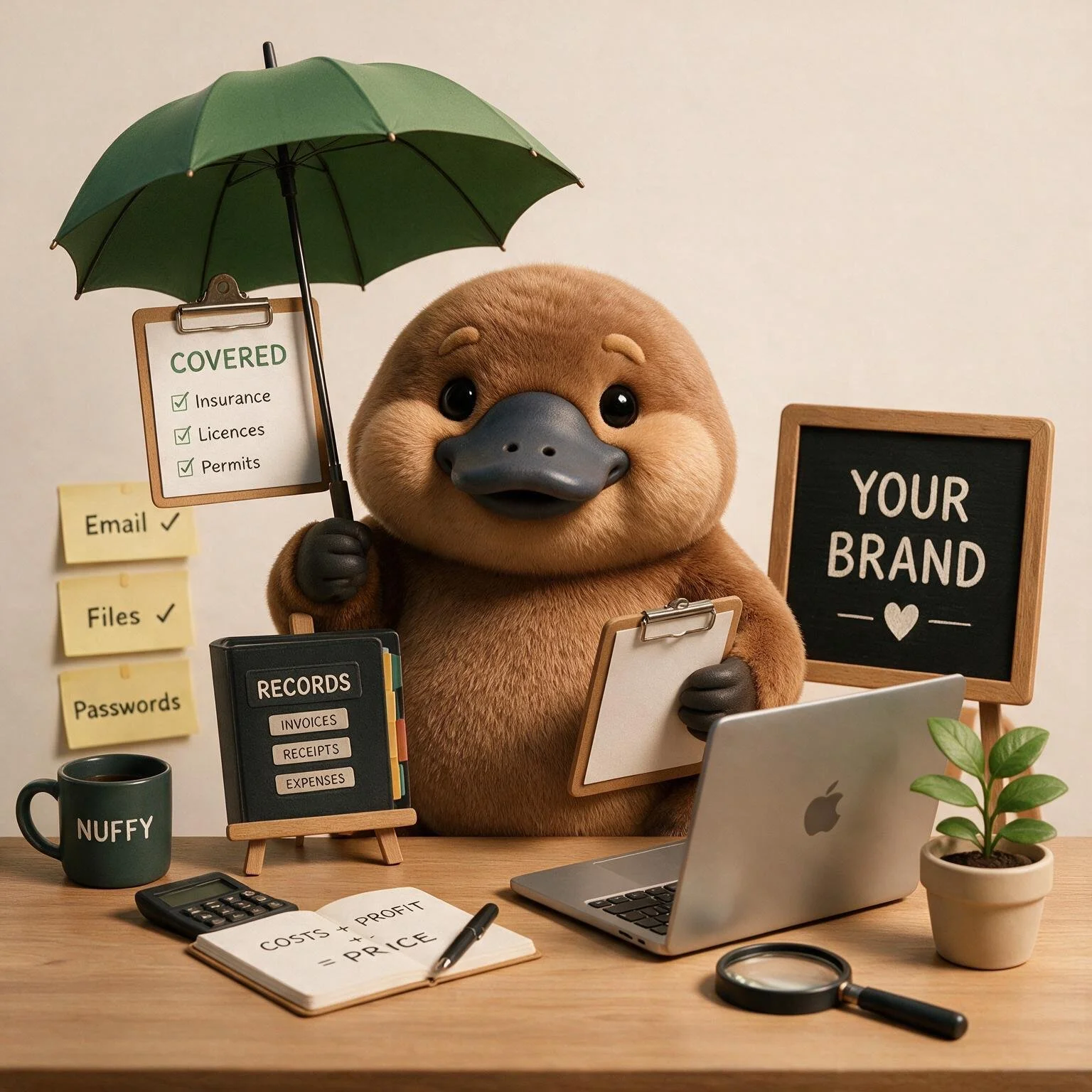 A plush duck holding a small green umbrella sits at a cluttered office desk with various items such as a coffee mug labeled "NUFFY", a calculator, a notepad, a laptop, and refill plants. Behind, there are sticky notes, a small chalkboard with "YOUR BRAND" written on it, and folders labeled "RECORDS" with categories like invoices and receipts. The desk appears to be organized for business or accounting purposes.