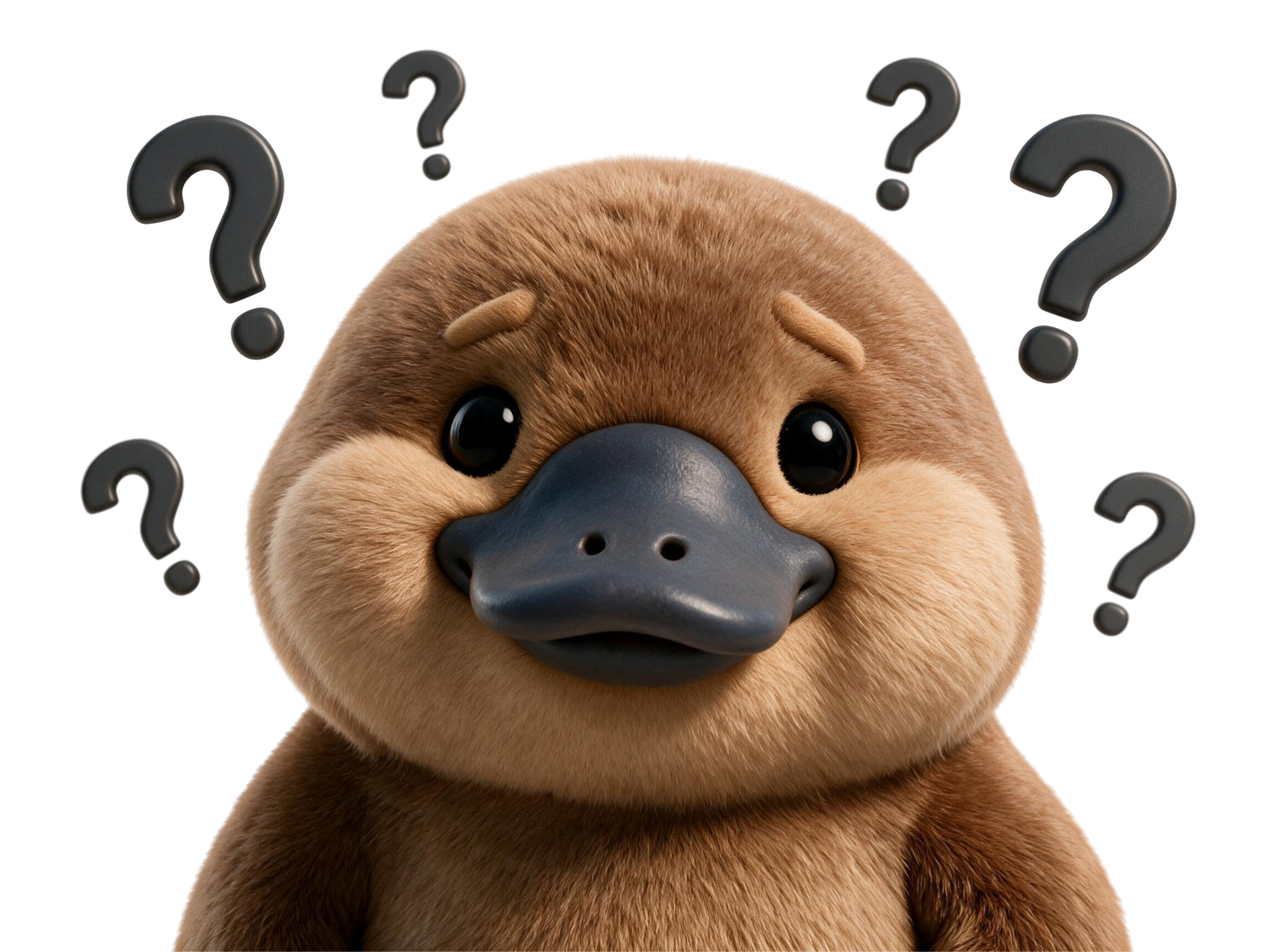 A plush toy dog with big black eyes and a black nose, surrounded by black question marks.