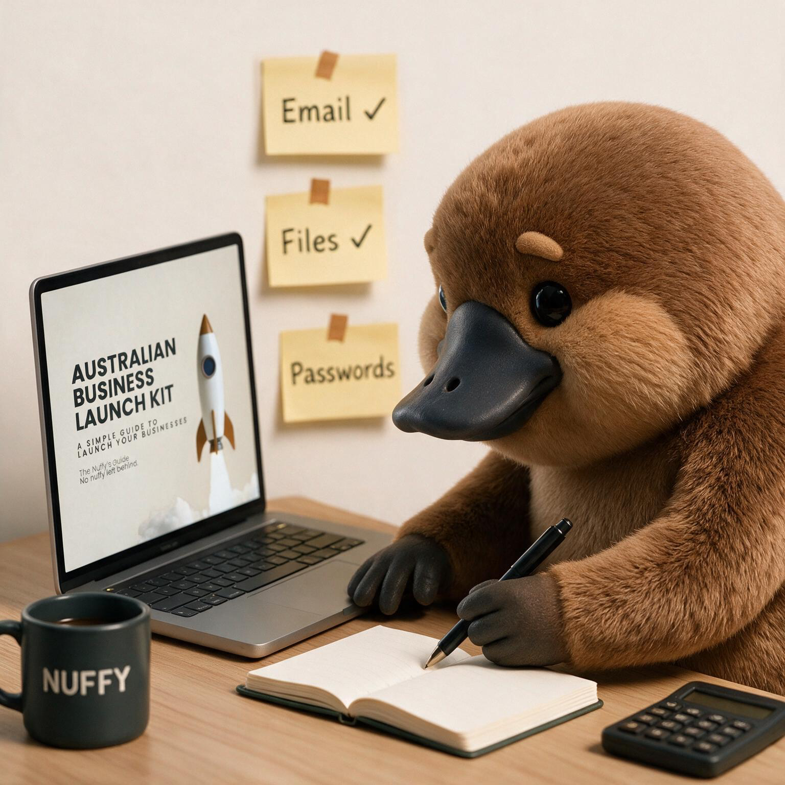 A stuffed duck wearing black gloves and a business shirt sitting at a desk with a laptop, notebook, keychain, mug, calculator, and writing tools, in an office setting with sticky notes on the wall that say 'Email', 'Files', and 'Passwords'.