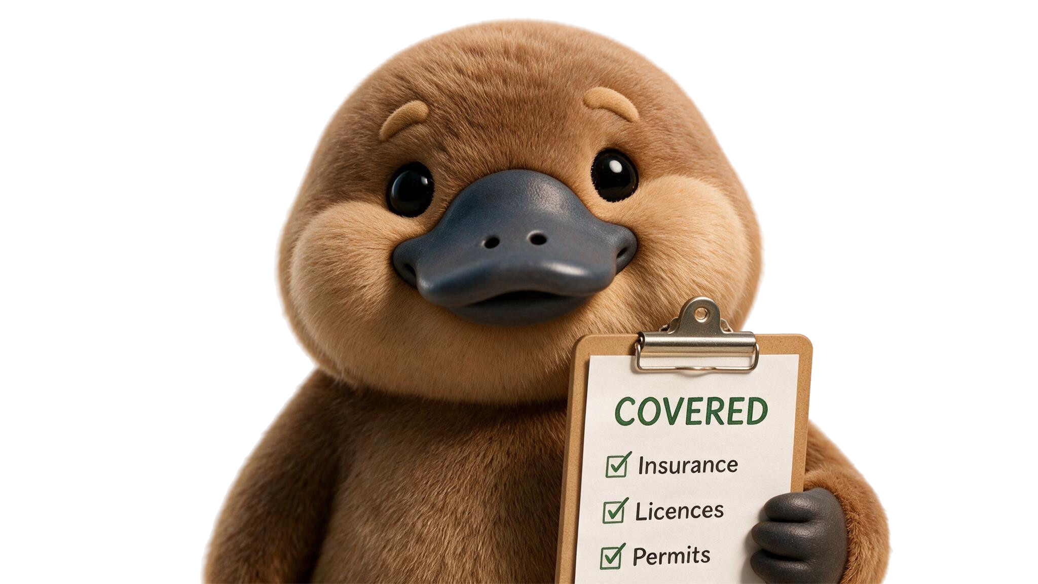 A plush toy of a dog holding a clipboard with a checklist of covered items like insurance, licenses, and permits.