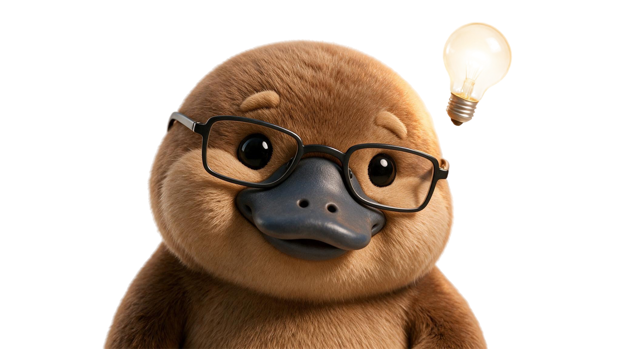 A plush moose toy wearing black glasses with an illuminated light bulb floating nearby.