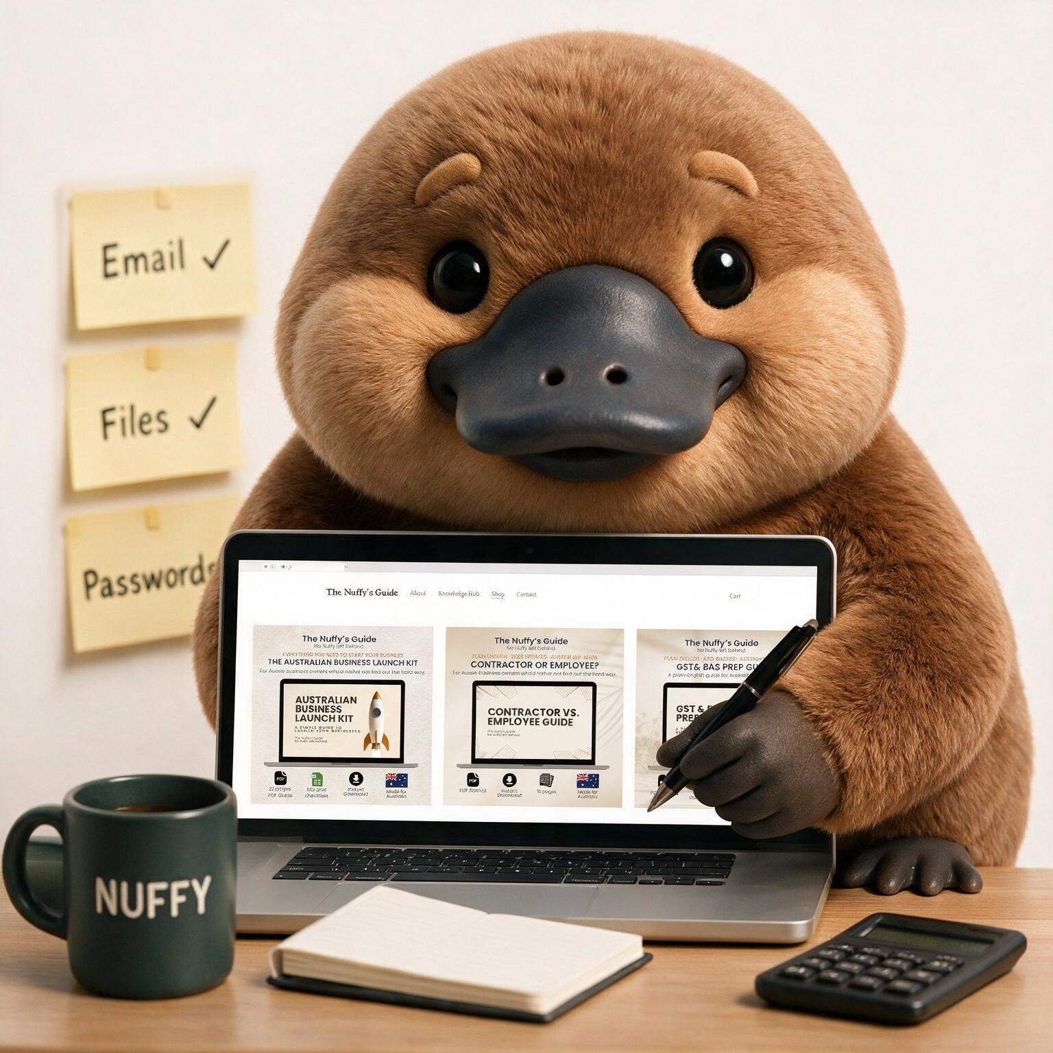 A person wearing a koala costume is sitting at a desk, holding a pen, and presenting a laptop screen displaying guides titled "The Nuffy's Guide" on Australian business topics. The desk has a mug labeled "NUFFY," a notebook, and a calculator. In the background, sticky notes on the wall list "Email," "Files," and "Password," each with check marks.