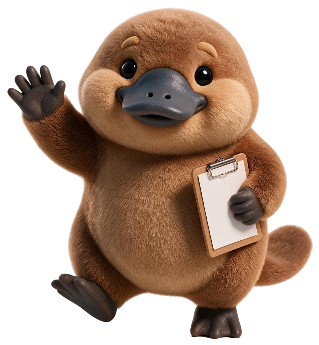 A cute animated platypus character waving with one hand and holding a clipboard with a blank sheet of paper with the other hand.