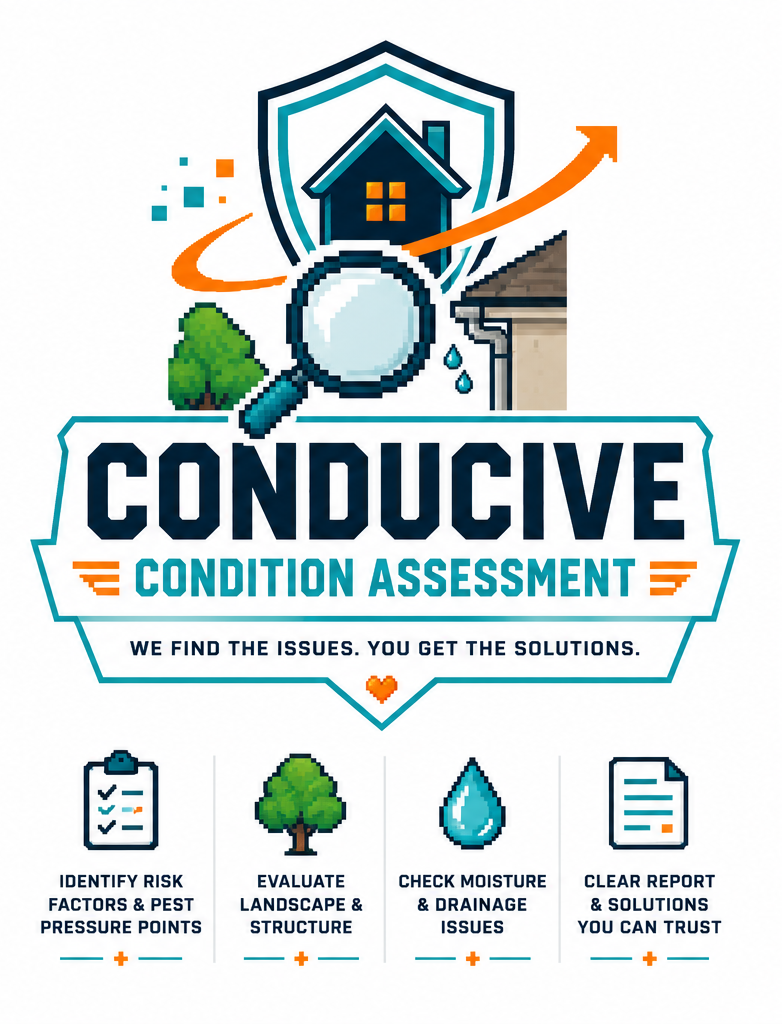 Conductive condition assessment for homes, featuring icons of a house with magnifying glass, checklist, tree, water droplet, and report, with text about identifying risks, evaluating landscape, checking moisture and drainage, and providing solutions.