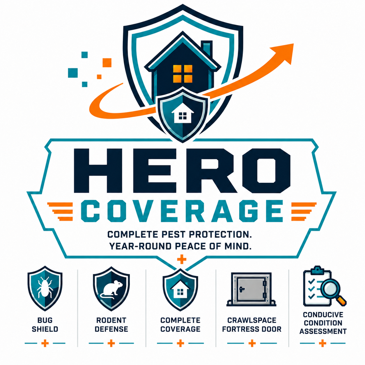 Hero Coverage plan featuring a house icon with a shield behind it and text promoting pest protection services. Below, icons represent bug shield, rodent defense, complete coverage, crawlspace fortress door, and condition assessment.