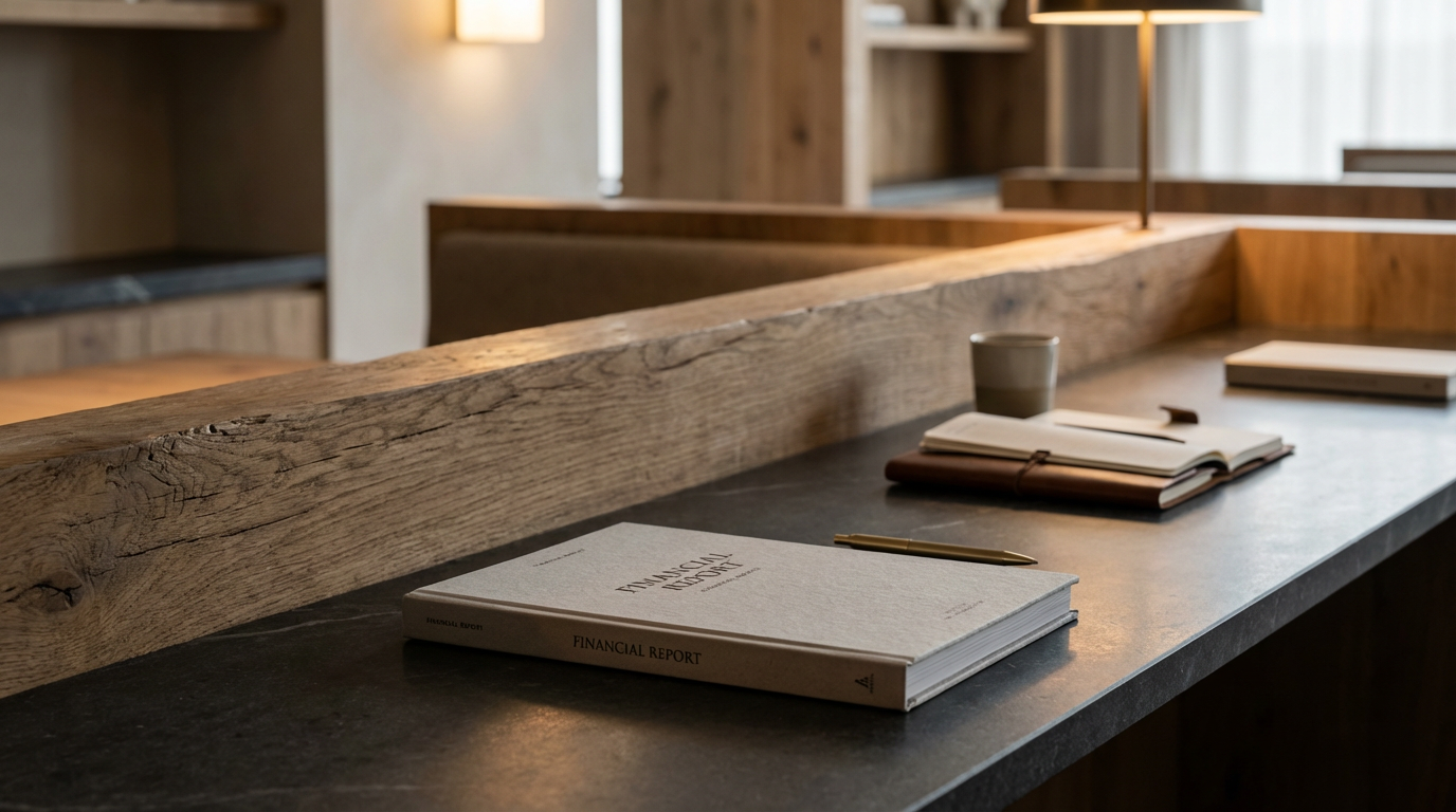 A dark countertop with a financial report, a notebook, a cup, and a pen on it, separated from the background by a wooden divider, in a cozy, softly lit room.