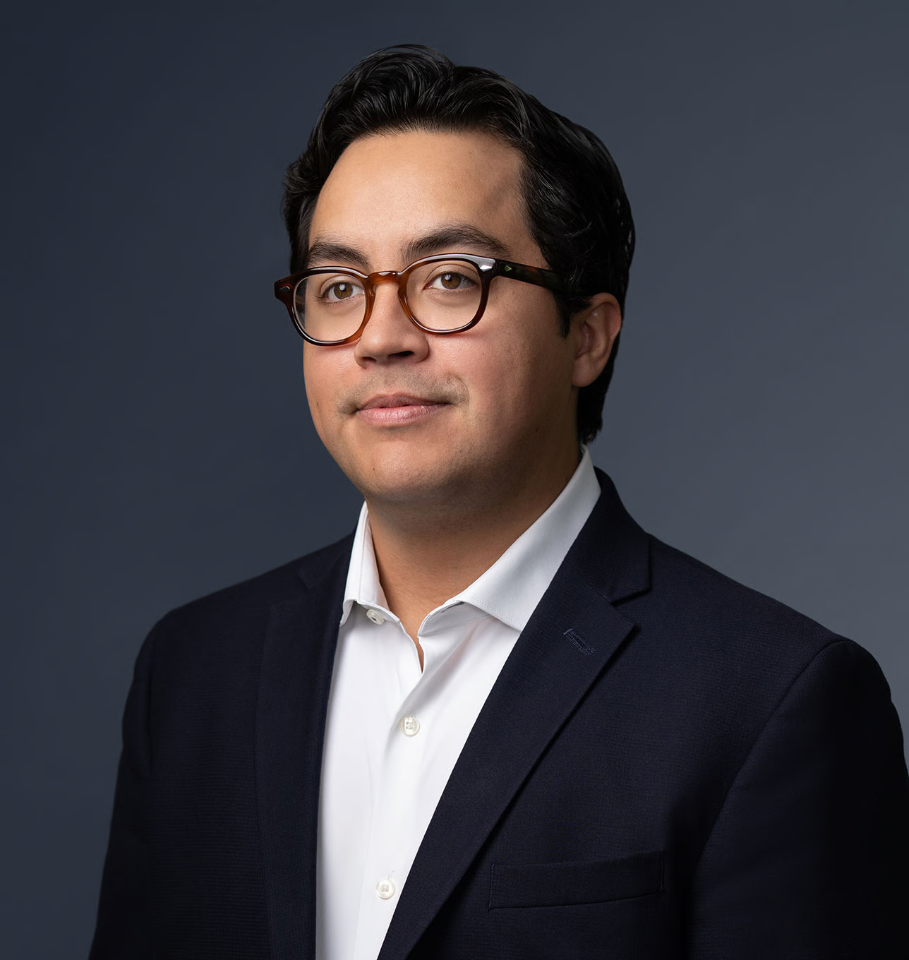Head and shoulders portrait of a man with dark hair, wearing glasses, a white shirt, and a dark blazer, against a plain grey background.