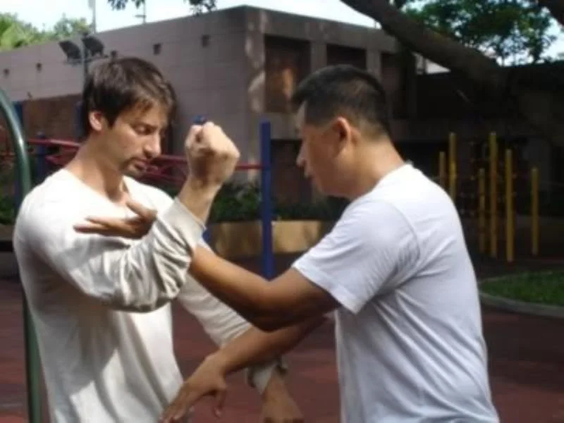 Two young men practicing martial arts outdoors, one demonstrating a technique on the other.
