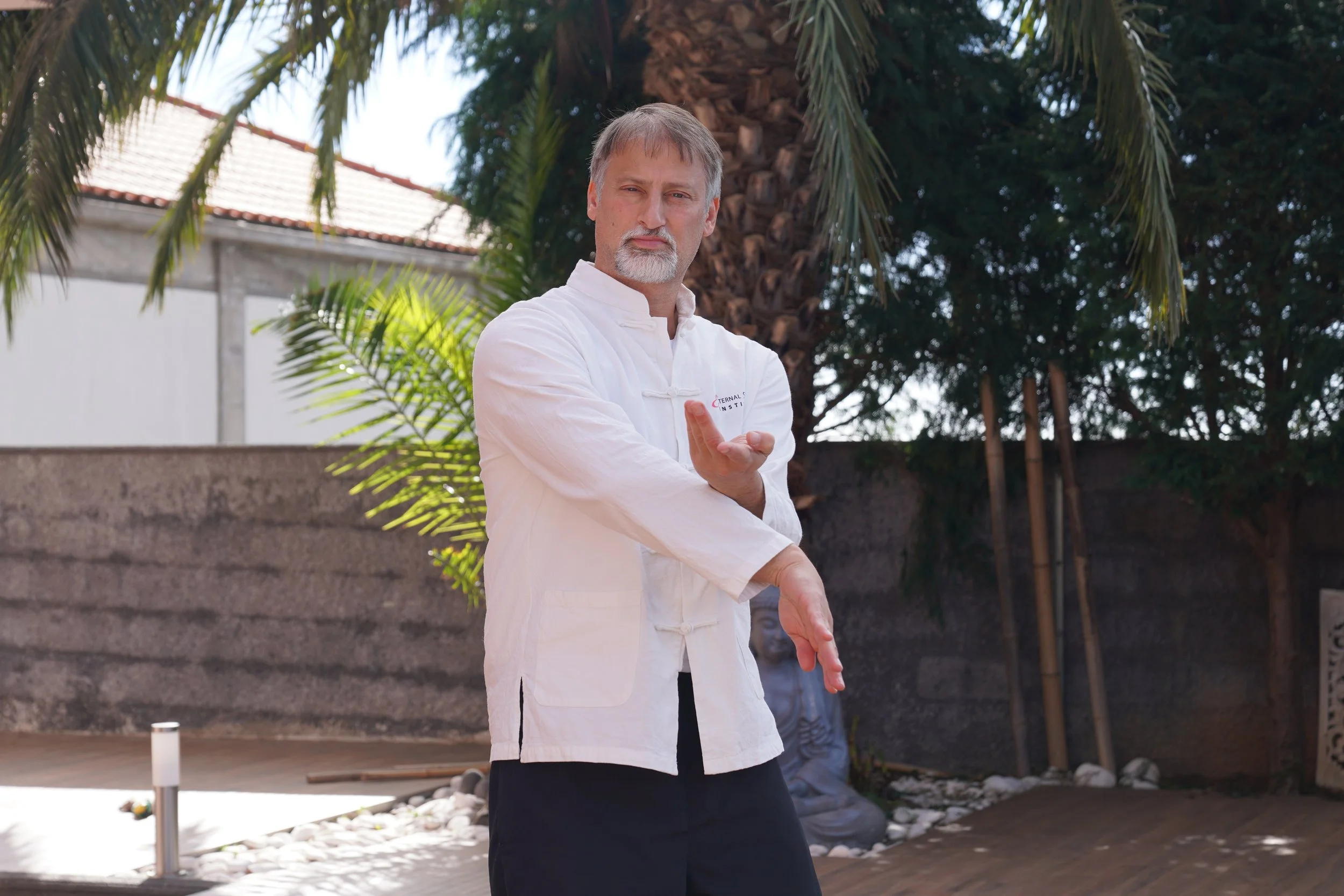 A man in a white traditional Chinese jacket practicing Tai Chi outdoors in a garden with palm trees.