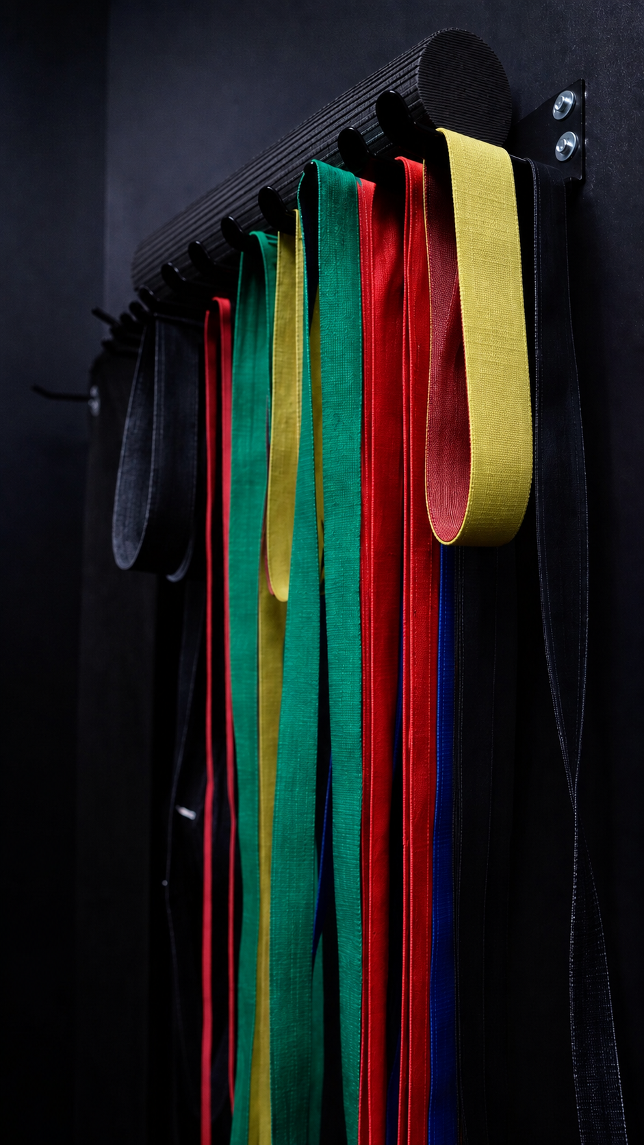 Colorful resistance bands hanging on hooks against a black wall.